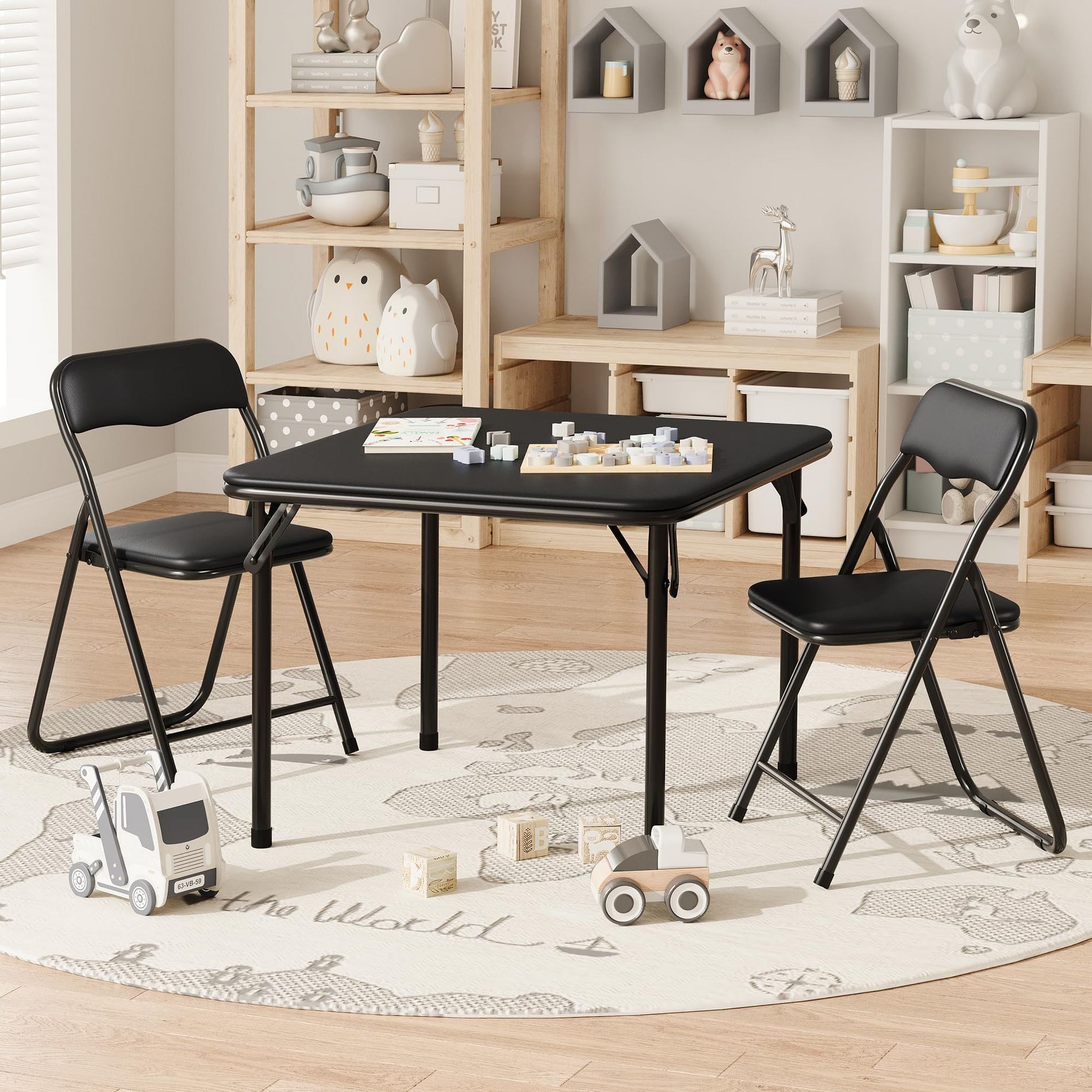 Folding Card Table and Chairs Set of 3 – Portable Table with PU Soft Cushions, Foldable Chairs, Space-Saving, for Home, Indoor & Outdoor, Black