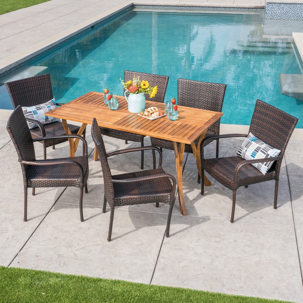 Photos - Garden Furniture Monterey 7pc Acacia & Wicker Dining Set - Teak/Brown - Christopher Knight