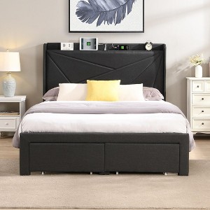 Queen Size Bed Frame With 2 Storage Drawers, Headboard, Built-in USB Charging, Storage Shelf Upholstered Bed Frame, No Box Spring Needed Bed Frame - 1 of 4