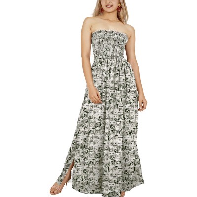 LA LEELA Women's House Daily Routine Evening Wear Boho A line Slit Maxi Dress Smocked Top Evening Long Tube Dresses for Women One Size Black, Floral