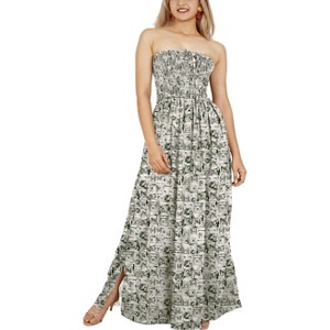 LA LEELA Women's House Daily Routine Evening Wear Boho A line Slit Maxi Dress Smocked Top Evening Long Tube Dresses for Women One Size Black, Floral - 1 of 4
