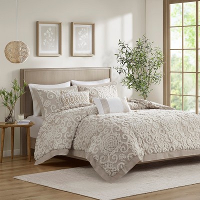 Suzanna Taupe Cotton Embroidered Full/Queen Duvet Set