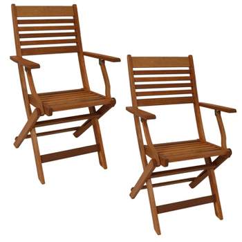 Sunnydaze Meranti Wood with Teak Oil Finish Wooden Folding Patio Lawn Slatted Arm Chairs Set - Brown - 2pk