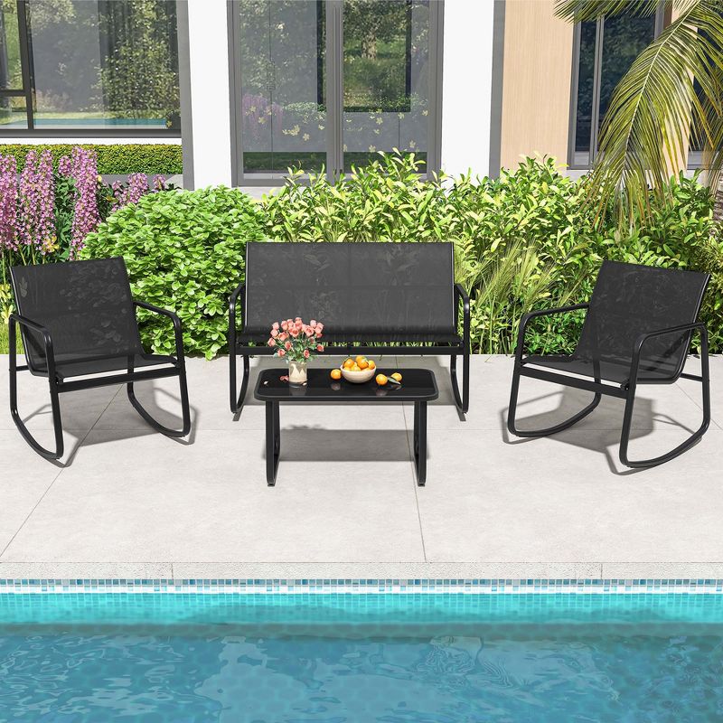 Costway 4/8 PCS Patio Rocking Set 4 Rocking Chairs & 2 Loveseat with Glass-Top Table Outdoor, 1 of 11