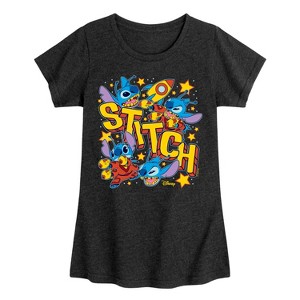 Girls' - Lilo and Stitch - Stitch Space Stickers Fitted Short Sleeve Graphic T-Shirt - 1 of 4