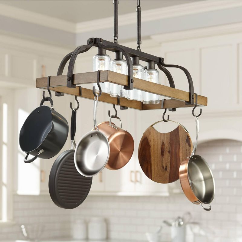 Franklin Iron Works Eldrige Bronze Faux Wood Pot Rack Linear Pendant Chandelier 36 1/2" Wide Rustic Farmhouse Seeded Glass 4-Light for Dining Room, 2 of 10