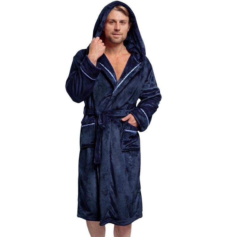 PAVILIA Mens Robe, Hooded Soft Bathrobe for Men, Fleece Plush Warm Shawl Collar Hood Pockets for Bath Shower Spa, 1 of 9