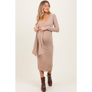 Pinkblush Taupe Ribbed Long Sleeve Maternity Wrap Dress - 1 of 4