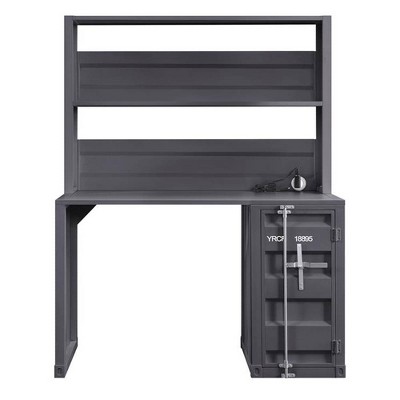 Sleek Gunmetal Black Computer Desk with Hutch and Power Outlet