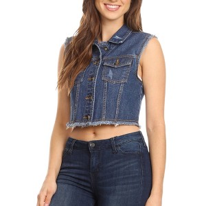Anna-Kaci Women's Light Wash Sleeveless Button Down Denim Vest with Chest Pockets and Raw Edge Hem - 1 of 4