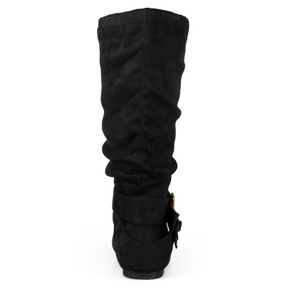 Journee Collection Women's Shelley-6 Mid Calf Boots - Faux Suede Flat Buckle Boots, Round Toe