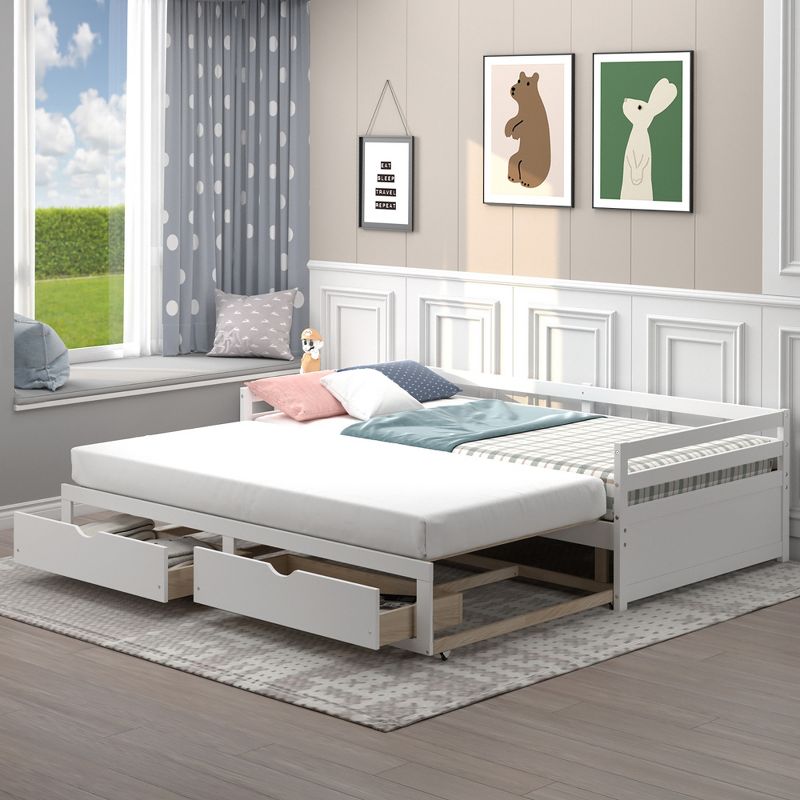Costway Twin to King Daybed with  2 Drawers Wooden Sofa Bed for Bedroom Living Room White/Cherry, 5 of 10