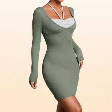 bodycon summer mini dress EadianDree Women's Long Sleeve Halter Neck Layered Look Ribbed Knit Casual Vacation Stretchy Short Sundress,Green and 34 hips