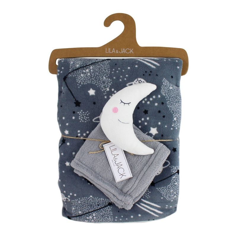 Lila and Jack Gray with Black &#38; White Stars Fleece Kids&#39; Throw with White and Gray Moon Lovey Set, 1 of 2