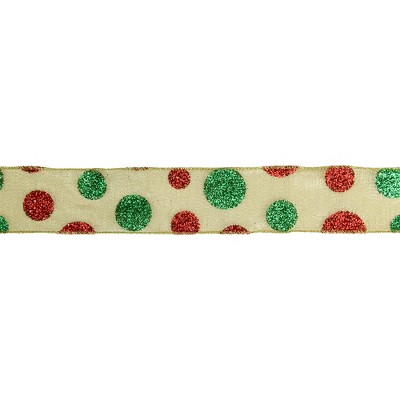 Northlight Glitter Red and Green Polka Dotted Christmas Craft Ribbon 2.5" x 16 Yards