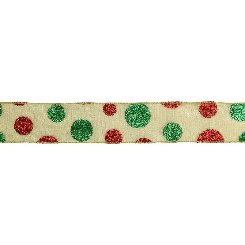 Northlight Glitter Red and Green Polka Dotted Christmas Craft Ribbon 2.5" x 16 Yards, 1 of 4