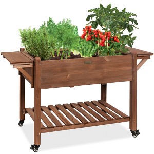 Best Choice Products 57x20x33in Mobile Raised Garden Bed Elevated Wood Planter Box w/ Folding Side Tables - Brown - 1 of 4