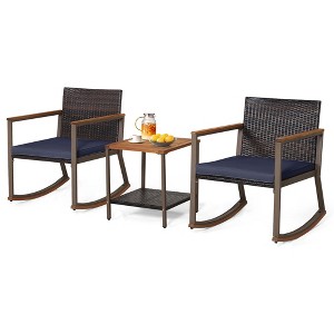 Tangkula 3PCS Rattan Rocking Chair Bistro Set Armrest Cushion Table W/ Storage Shelf Patio - 1 of 4