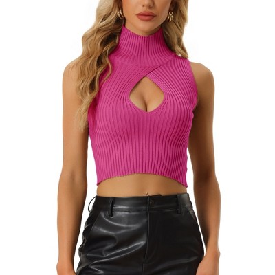 Allegra K Women's Mock Neck Cutout Pullover Sleeveless Crop Sweater Top
