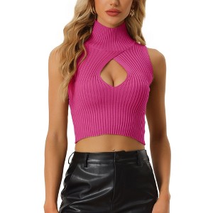 Allegra K Women's Mock Neck Cutout Pullover Sleeveless Crop Sweater Top - 1 of 4