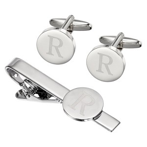 Unique Bargains Copper Engraved Initial Men Cufflinks and Tie Clip Bar Set Silver - 1 of 4