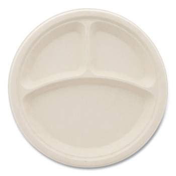 Boardwalk Bagasse PFAS-Free Dinnerware, Plate, 10" dia, 3-Compartment, Tan, 500/Carton