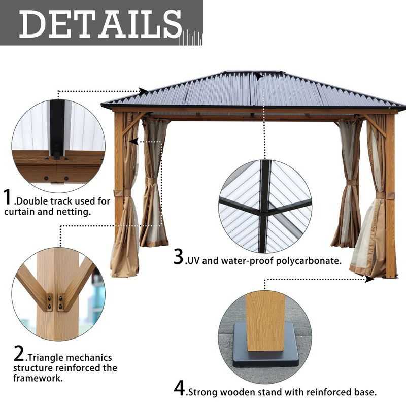 Aoodor Gazebo Polycarbonate Roof, Wooden Print Aluminum Frame With Mosquito Netting And Curtain, 3 of 11