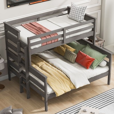 CAVINAS Twin XL over Queen Bunk Bed Convertible Wood Bed Frame with Guardrail and Ladder for Bedroom