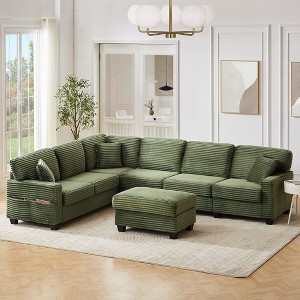 Whisen Corduroy Sectional Sofa with a Movable Ottoman and Side Storage Pockets - 1 of 4