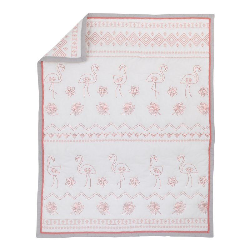NoJo Tropical Flamingo Pink & White 100% Cotton 4 Piece Nursery Crib Bedding Set - Embroidered Quilt, Fitted Sheet, Dust Ruffle, and Diaper Stacker, 2 of 8
