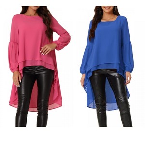 INSPIRE CHIC Women's Lantern Long Sleeve Round Neck High Low Irregular Hem Casual Blouse 2 Packs - 1 of 4