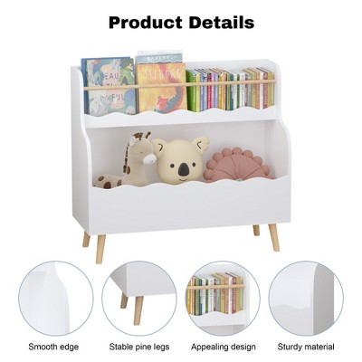 Product details collage showing features like smooth edge, stable pine legs, appealing design, sturdy material