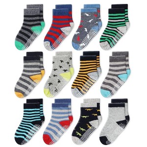 Cozyway Non-Slip Crew Grip Toddler Socks, 12 Pack for Boys, Stripes & Dinosaur Design, 1-3 Years Old - 1 of 4