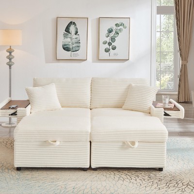 GDFStudio Tenley Modern Chenille Loveseat with Oversized Storage Ottoman, Convertible Armrest Tabletop and Built-In USB Port