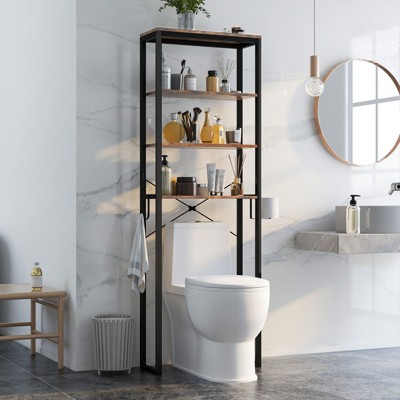 Rustic Brown 4-Tier Over-the-Toilet Storage Rack with Adjustable Feet