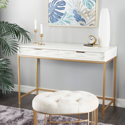 47 Modern Rectangular White Writing Desk with Gold Metal Base Wooden Home Office Desk with Drawer