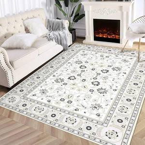 Washable Vintage Floral Area Rug, Non Slip Low Pile Foldable Stain Resistant Carpet, Ultra-Thin Throw Accent Mat for Living Room Bedroom - 1 of 4