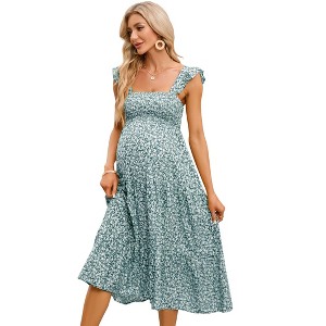 Womens Square Neck Smocked Maternity Dress Flutter Sleeve Summer Maxi Sundress - 1 of 4