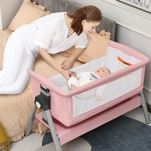 Safstar Baby Bassinet Bedside Crib, Newborn Sleeper w/Large Storage Basket, Adjustable Heights, Detachable & Washable Mattress - 1 of 4