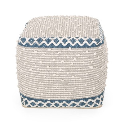 Christopher Knight Home Boone Hand Crafted Cotton Cube Pouf Gray/Blue/White: Upholstered Footrest, Spot Clean