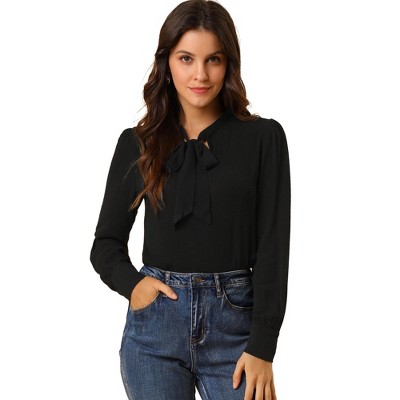 INSPIRE CHIC Women's Bow Tie Neck Elegant Long Sleeve Solid Work Office Blouse