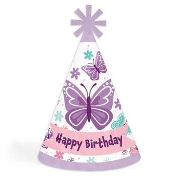 Big Dot of Happiness Beautiful Butterfly - Cone Happy Birthday Party Hats for Kids and Adults - Set of 8 (Standard Size)