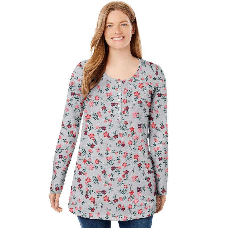 Woman Within Women's Plus Size Perfect Printed Long-Sleeve Henley Tee, 1 of 2