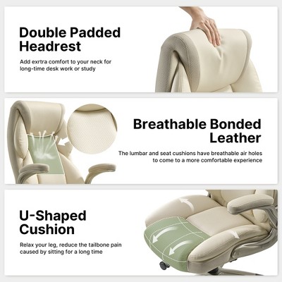 Off-White Faux Leather Executive Swivel Office Chair with Adjustable Arms