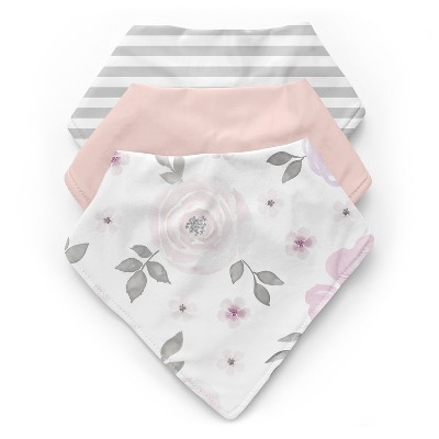 Image of Sweet Jojo Designs Girl Fabric Baby Bibs Watercolor Floral Lavender Purple Pink and Grey 3pc