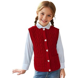 Clearlove Girls’ Sleeveless Cable Knit Buttoned Vest with Lightweight Open Cardigan and Round Neck Sweater Vest with Pockets - 1 of 4