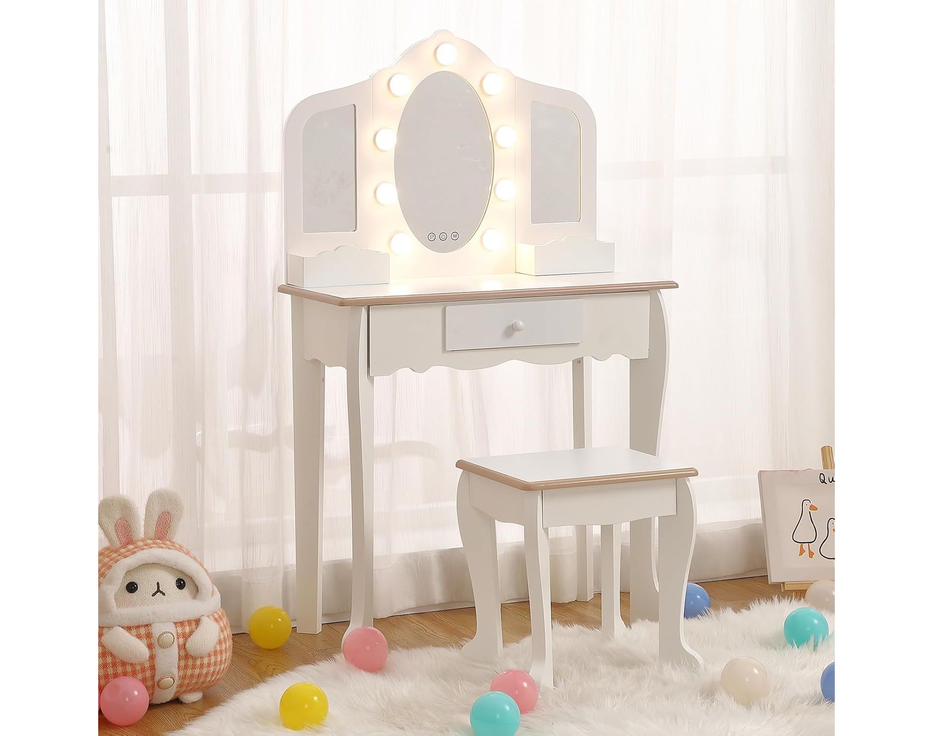 Kids Vanity Table & Stool (3-9 Yrs Girls) - Lighted Tri-Fold Mirror, Drawer & Storage Grid for Kids Makeup