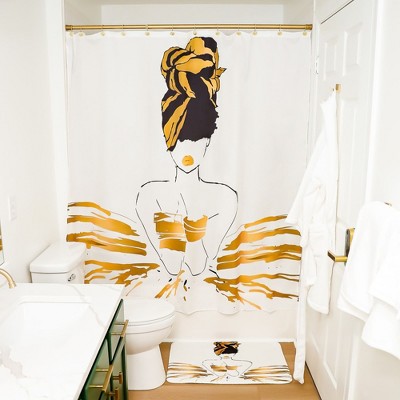 Oro White and Gold Fabric Blackout Shower Curtain