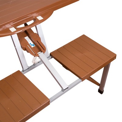 Brown and Blue Folding Picnic Table with Striped Umbrella