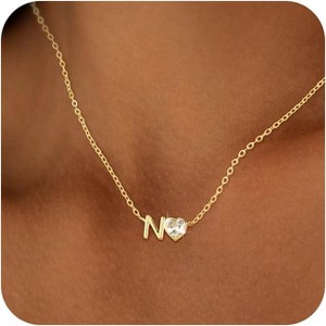 Dainty Heart Initial Necklace 14K Gold Plated A-Z Letter Pendant - 1 of 4
